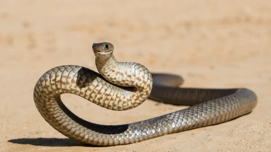 A brown snake in a defensive strike position
