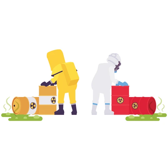 Illustration of 2 workers wearing hazmat protection against chemical hazards in the workplace