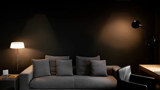 Modern dark tone living room with gray fabric sofa couch and spot lighting on black wall from well design lamps
