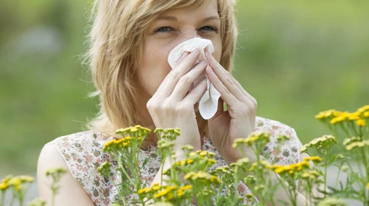 Woman suffering hay fever allergy symptoms