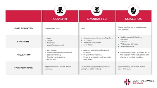 Table on Similarities between COVID-19, Spanish Flu, and Smallpox