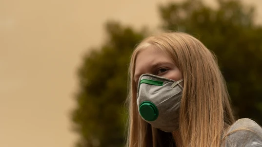 Young girl standing near bushfire smoke wearing a face mask
